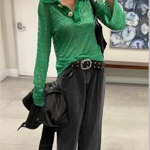 Eliou Green Lace Top with Crochet Collar